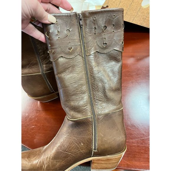 Charlie 1 Horse by Luccese Brown Leather Heart Cut Out 11” Calf Sidev Zip Boots - Picture 8 of 11